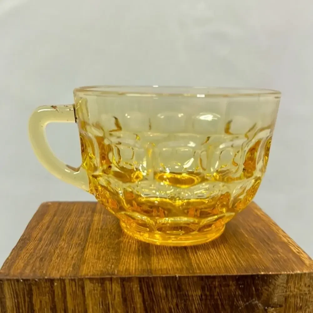 Vintage Glass Tea‎ Cup Yorktown Gold Yellow Thumbprint Bubble Glass